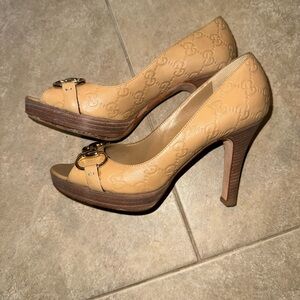 Gucci Tan Peep Toe High Heels